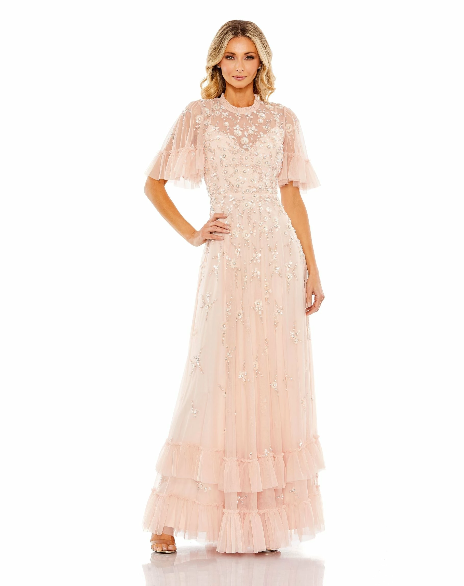 Ruffled Floral Embellished Flutter Sleeve A-Line Gown 9 Ruffled Floral Embellished Flutter Sleeve A-Line Gown - Image 7
