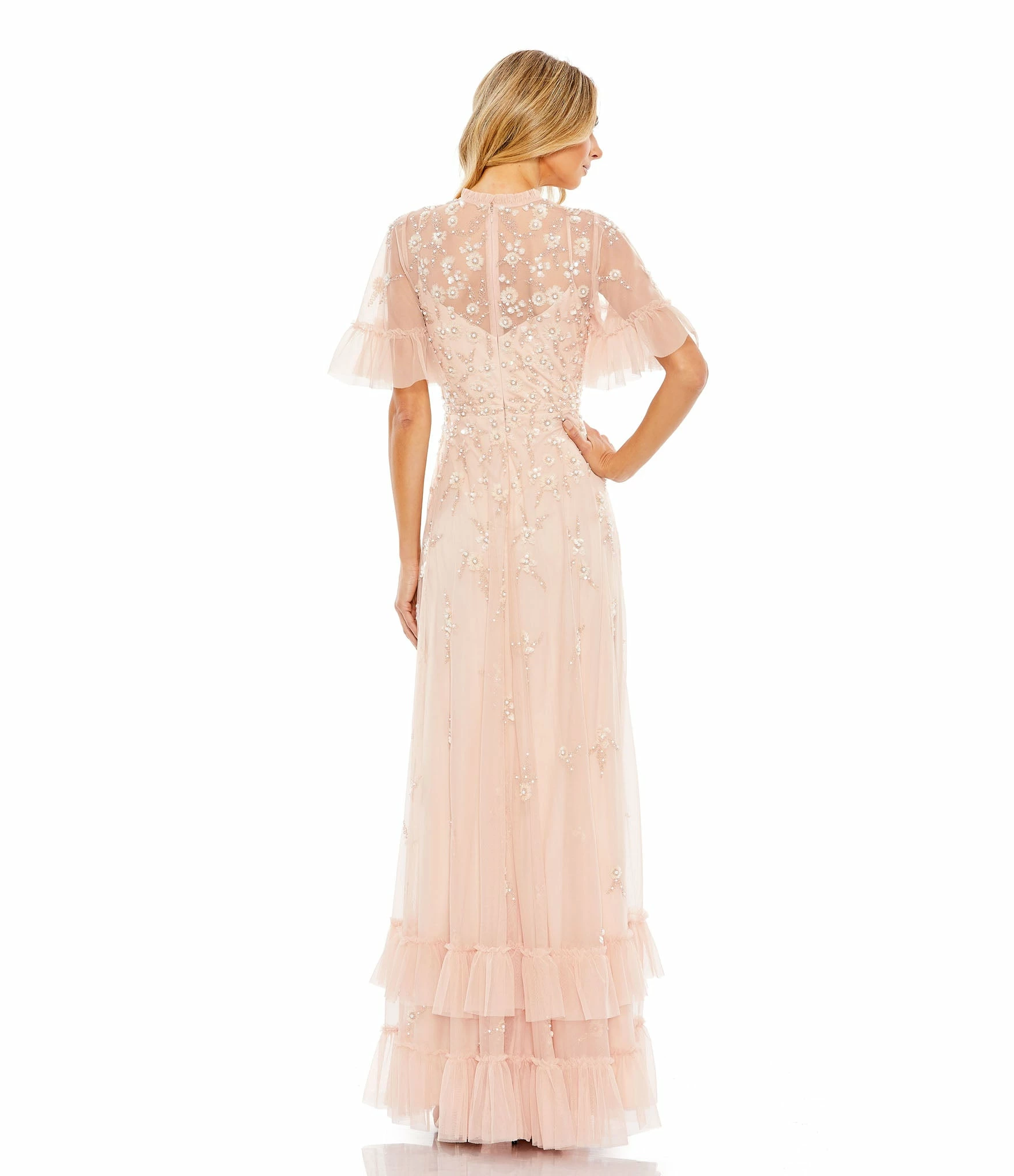 Ruffled Floral Embellished Flutter Sleeve A-Line Gown 10 Ruffled Floral Embellished Flutter Sleeve A-Line Gown - Image 8