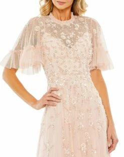 Ruffled Floral Embellished Flutter Sleeve A-Line Gown 19 Ruffled Floral Embellished Flutter Sleeve A-Line Gown -Women's Skirt 9199 Blush CL