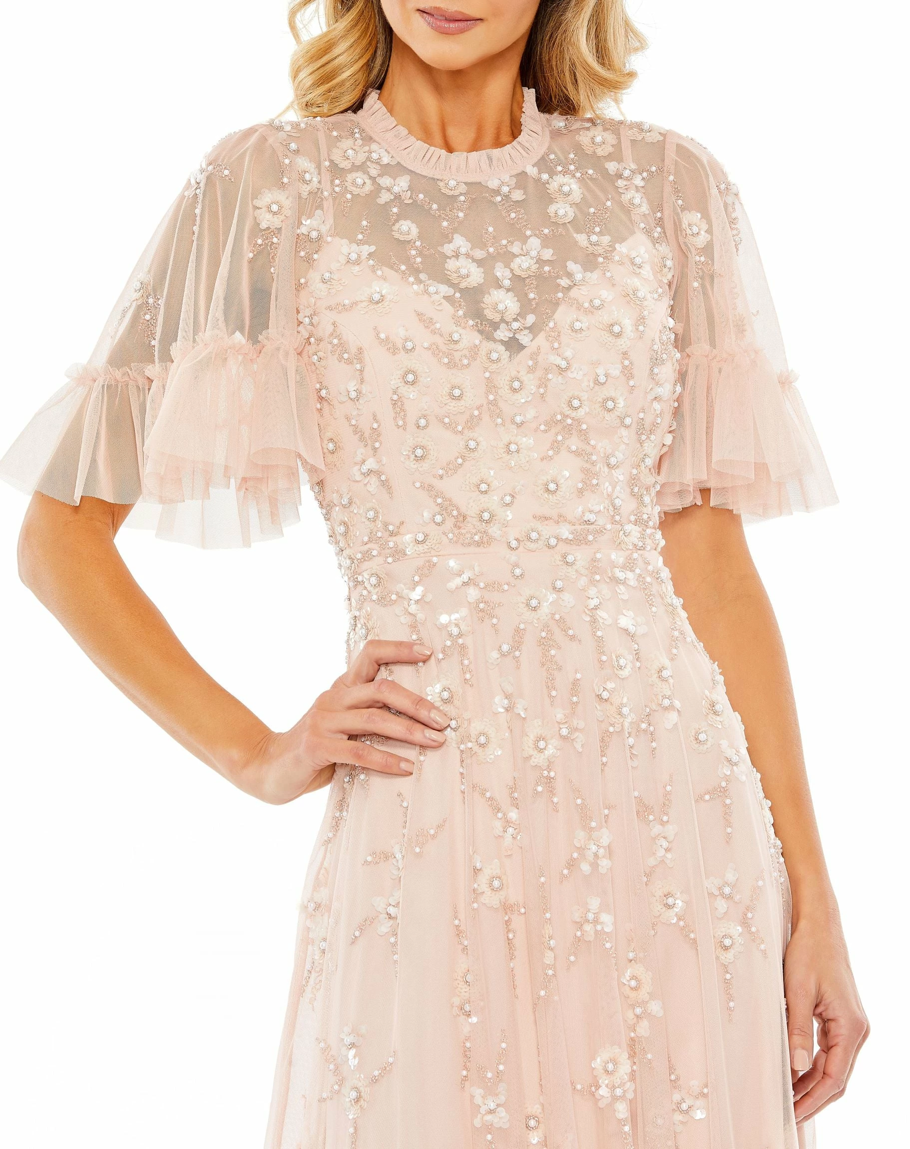 Ruffled Floral Embellished Flutter Sleeve A-Line Gown 11 Ruffled Floral Embellished Flutter Sleeve A-Line Gown - Image 9
