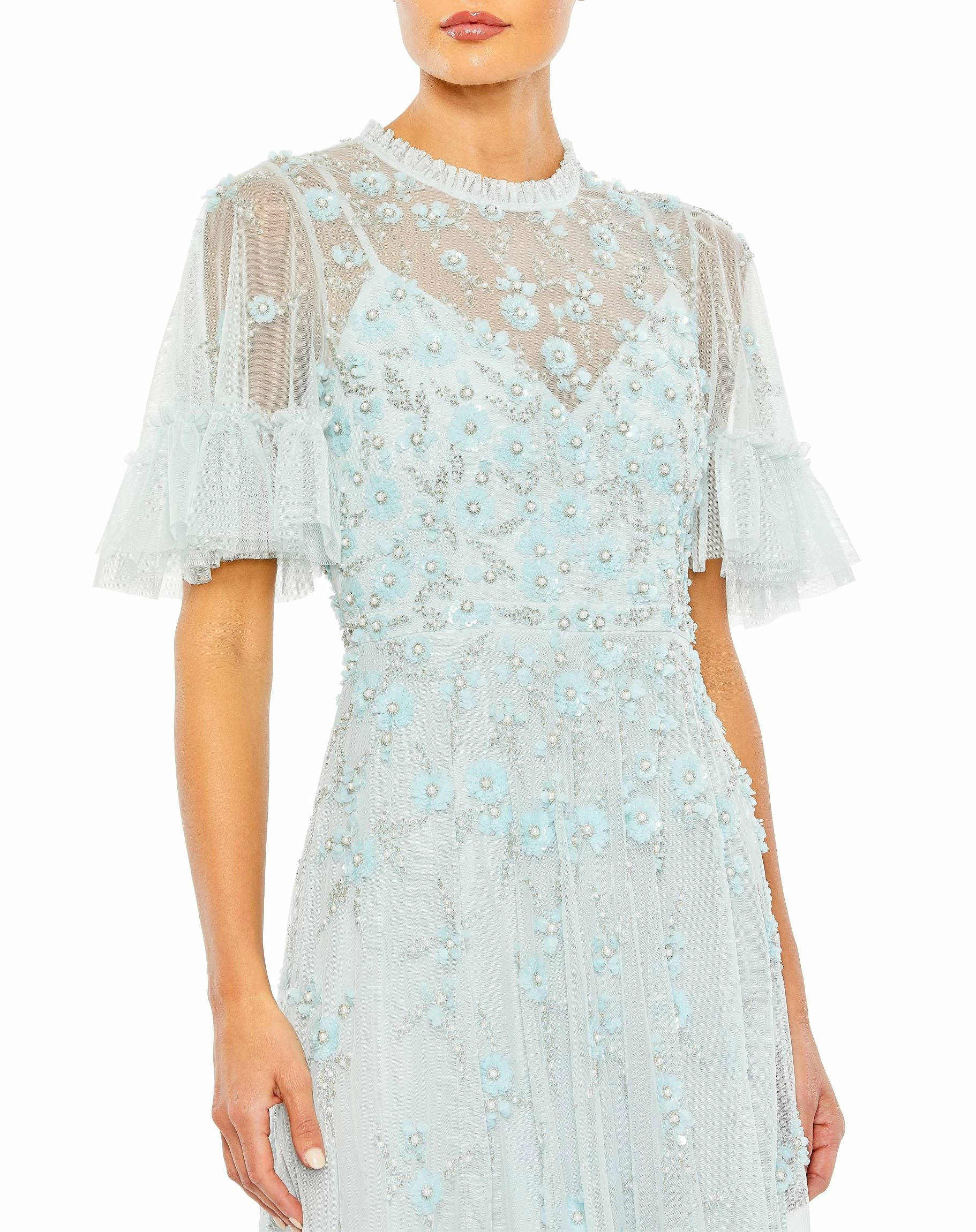 Ruffled Floral Embellished Flutter Sleeve A-Line Gown 5 Ruffled Floral Embellished Flutter Sleeve A-Line Gown - Image 3