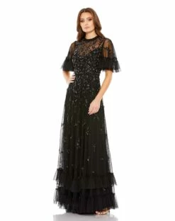 Ruffled Floral Embellished Flutter Sleeve A-Line Gown 16 Ruffled Floral Embellished Flutter Sleeve A-Line Gown -Women's Skirt 9199 BLK Default 1 WS