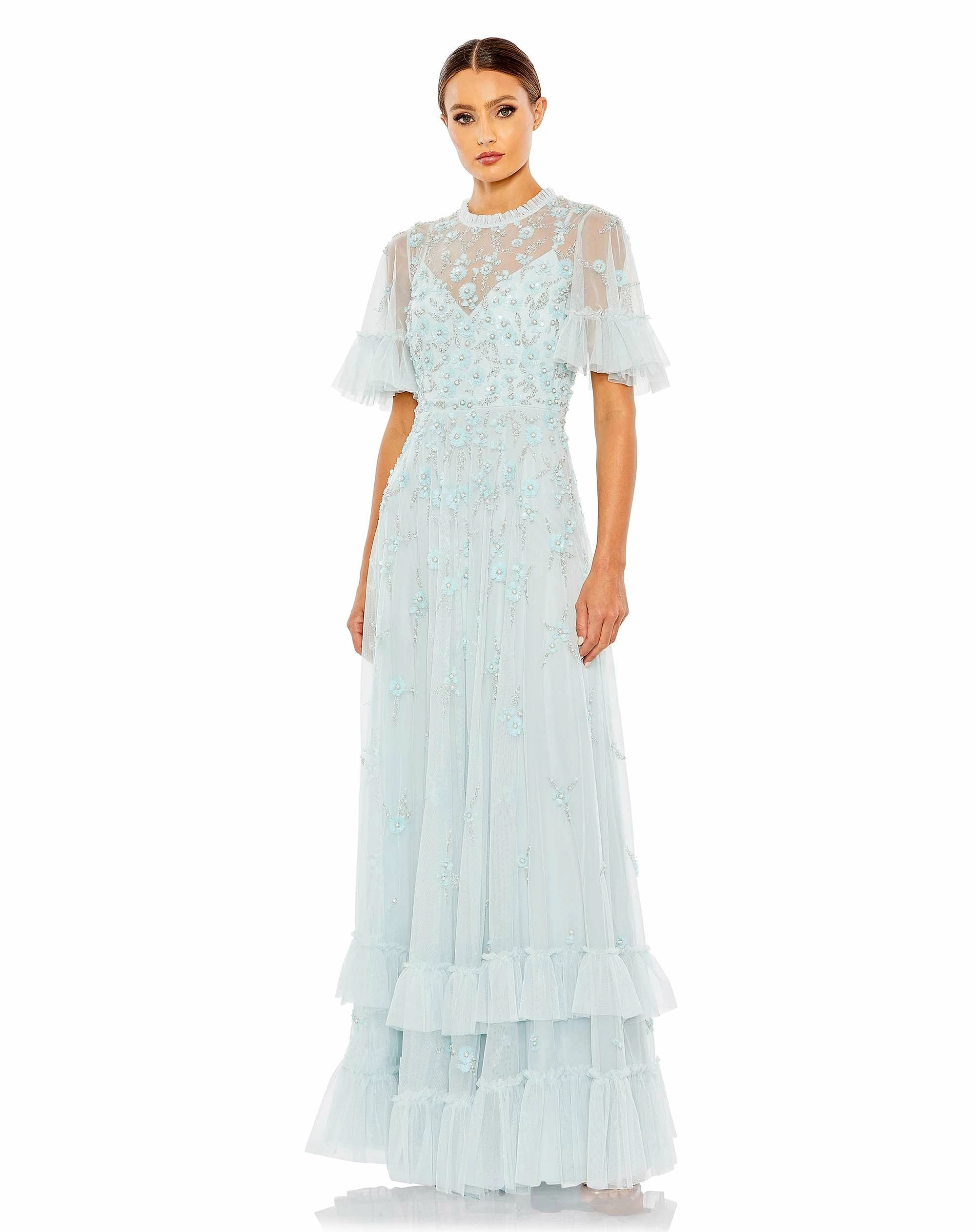 Ruffled Floral Embellished Flutter Sleeve A-Line Gown 3 Ruffled Floral Embellished Flutter Sleeve A-Line Gown