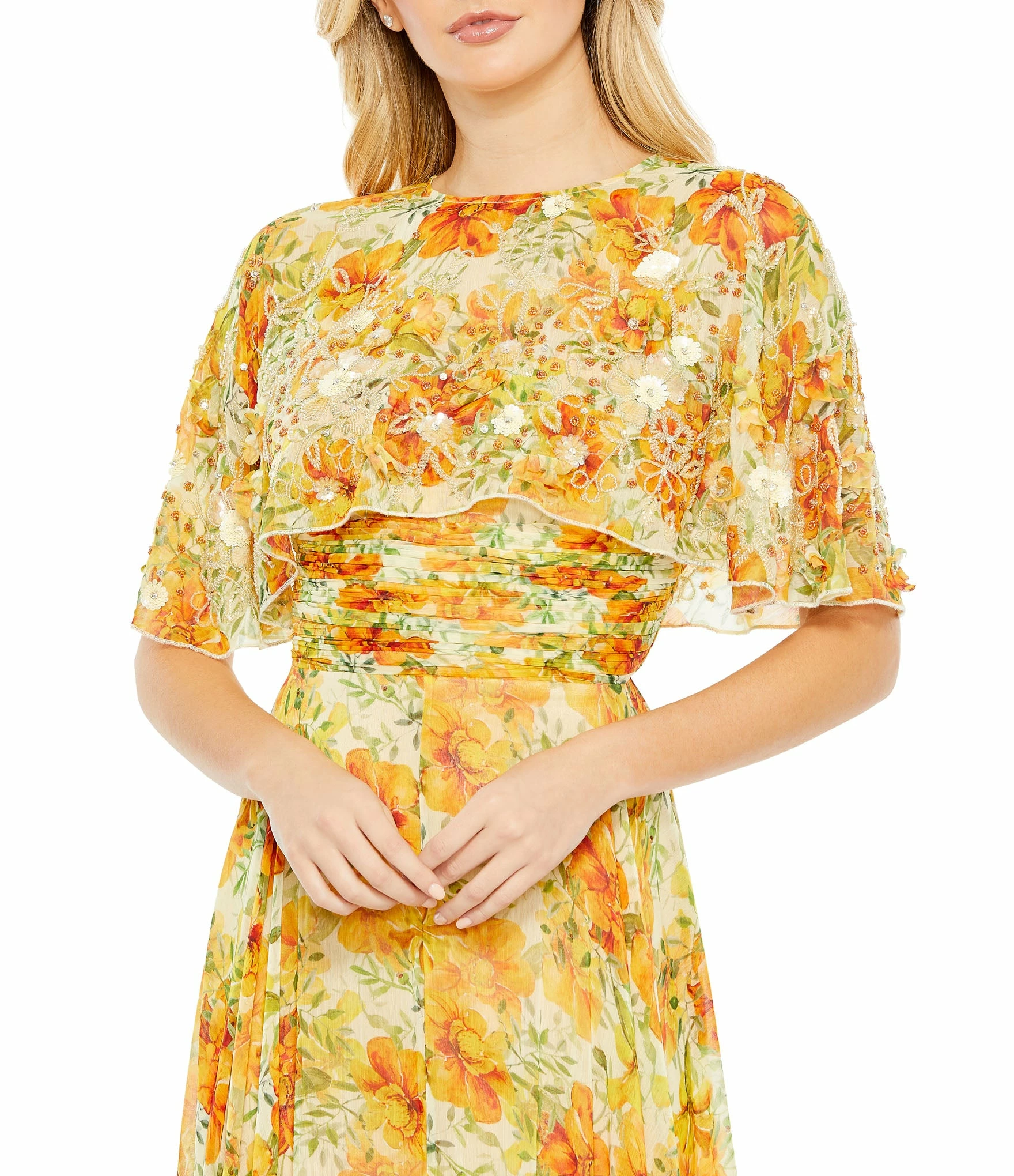 Floral Print High Neck Cape Sleeve A Line Gown 5 Floral Print High Neck Cape Sleeve A Line Gown - Image 3