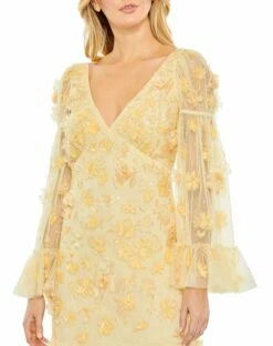 Floral Embellished Long Sleeve Ruffled Hem Dress -Women's Skirt 9205 Butter CL