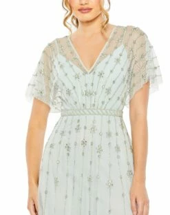 V Neck Embellished Flutter Sleeve A Line Gown -Women's Skirt 9223 Mist CL