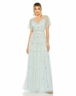 V Neck Embellished Flutter Sleeve A Line Gown