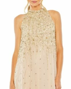 High Neck Sleeveless Sequin Embellished Trapeze A Line Dress -Women's Skirt 9225 Beige CL