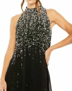 High Neck Sleeveless Sequin Embellished Trapeze A Line Dress -Women's Skirt 9225 BlackSilver CL