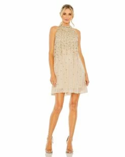 High Neck Sleeveless Sequin Embellished Trapeze A Line Dress -Women's Skirt 9225 BEI Default 1 WS