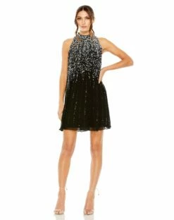 High Neck Sleeveless Sequin Embellished Trapeze A Line Dress