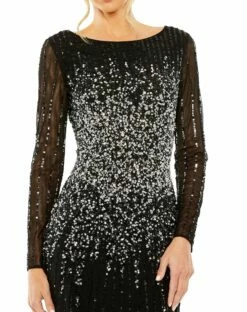 High Neck Sequin Embellished Long Sleeve A Line Go -Women's Skirt 9226 Black CL