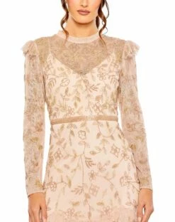 High Neck Flutter Cap Long Sleeve Tiered Embellish -Women's Skirt 9237 Blush CL