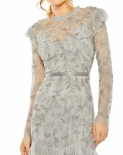 High Neck Flutter Cap Long Sleeve Tiered Embellish -Women's Skirt 9237 Platinum CL