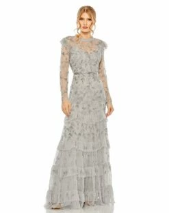 High Neck Flutter Cap Long Sleeve Tiered Embellish -Women's Skirt 9237 PLA Default 1 WS