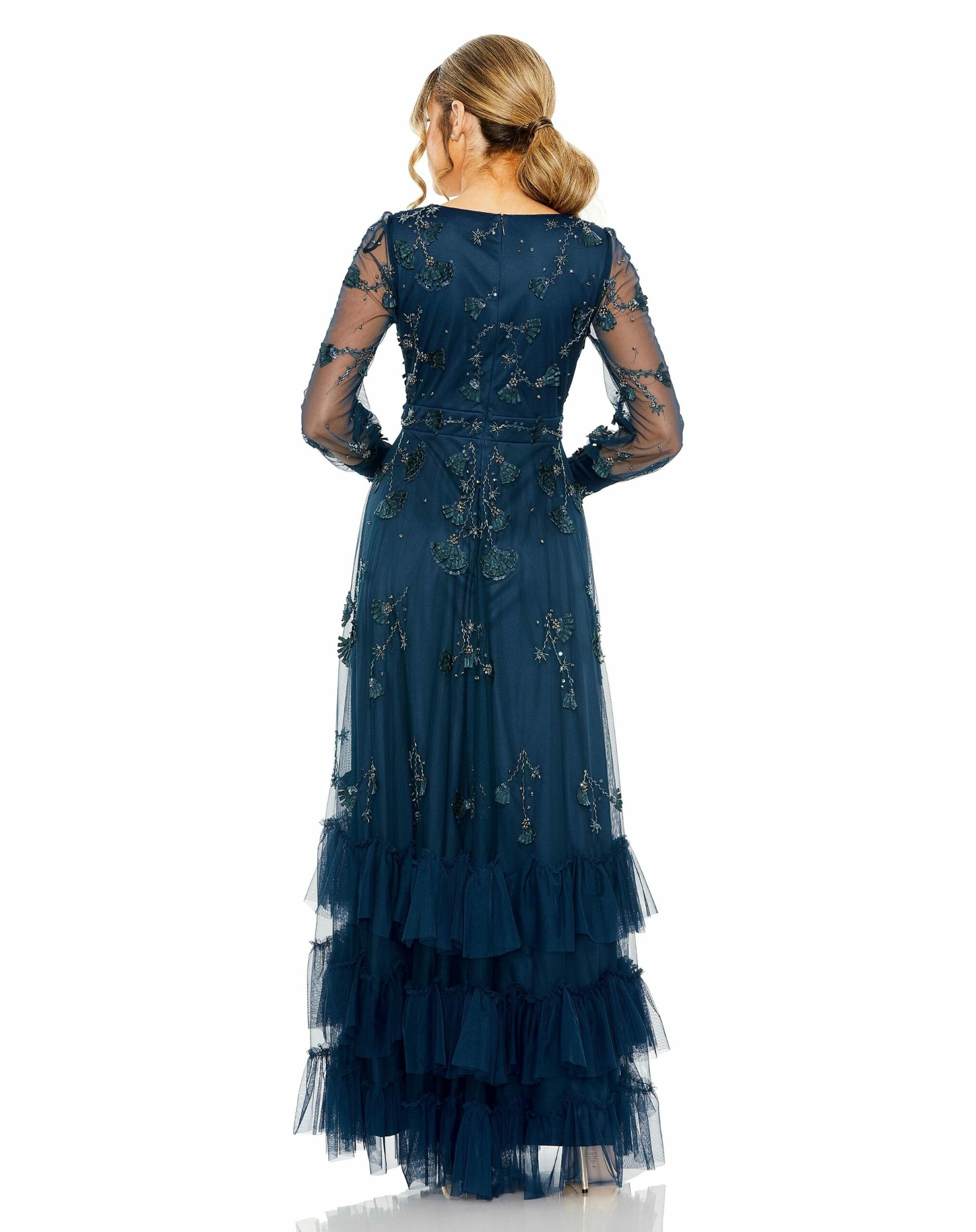 Mesh Long Sleeve V Neck Tiered A Line Gown 4 Mesh Long Sleeve V Neck Tiered A Line Gown - Image 2