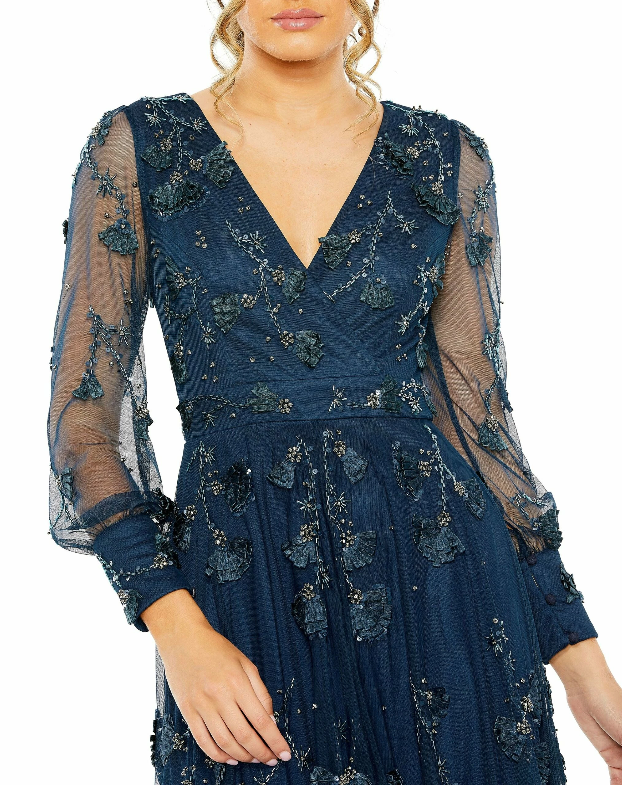 Mesh Long Sleeve V Neck Tiered A Line Gown 5 Mesh Long Sleeve V Neck Tiered A Line Gown - Image 3