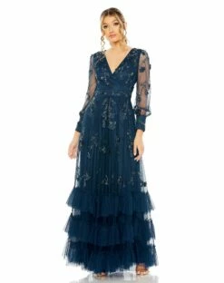 Mesh Long Sleeve V Neck Tiered A Line Gown