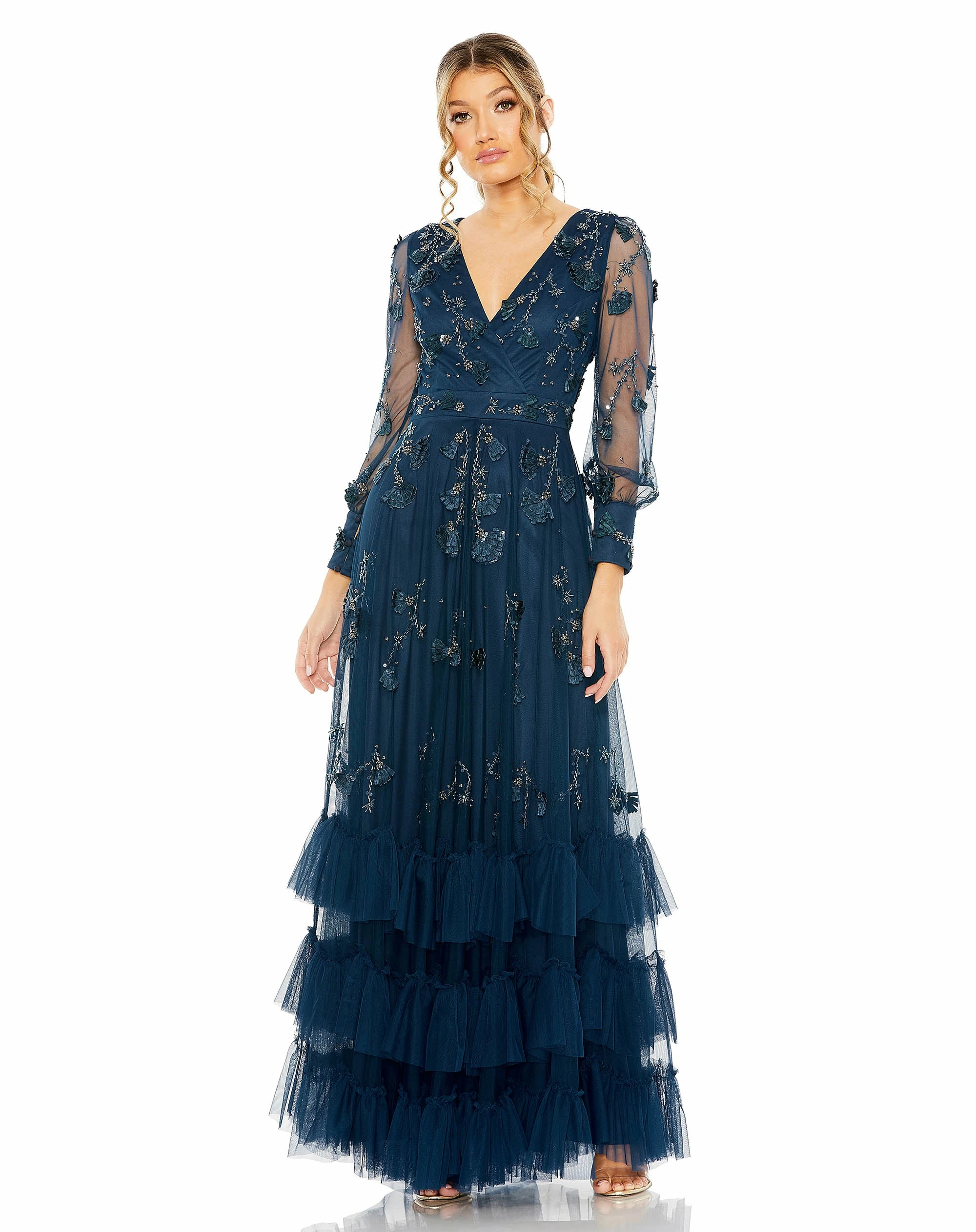 Mesh Long Sleeve V Neck Tiered A Line Gown 3 Mesh Long Sleeve V Neck Tiered A Line Gown