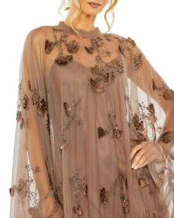 Embellished Long Flare Sleeve Mesh A-Line Dress -Women's Skirt 9257 Chocolate CL