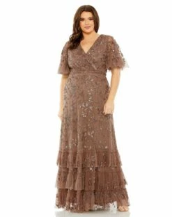 Sequin Embellished Flutter Sleeve Faux Wrap V-Neck Tiered Gown -Women's Skirt 9270 Chocolate AB