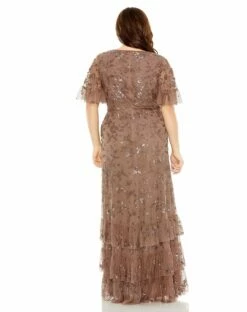 Sequin Embellished Flutter Sleeve Faux Wrap V-Neck Tiered Gown -Women's Skirt 9270 Chocolate BK