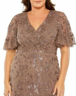 Sequin Embellished Flutter Sleeve Faux Wrap V-Neck Tiered Gown -Women's Skirt 9270 Chocolate CL