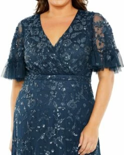 Sequin Embellished Flutter Sleeve Faux Wrap V-Neck Tiered Gown -Women's Skirt 9270 Twilight CL