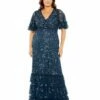Sequin Embellished Flutter Sleeve Faux Wrap V-Neck Tiered Gown -Women's Skirt 9270 TWI Default 1 WS