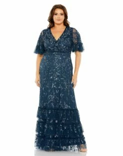 Sequin Embellished Flutter Sleeve Faux Wrap V-Neck Tiered Gown
