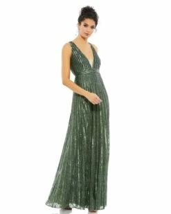 Sequined Sleeveless Plunge Neck Flowy Gown -Women's Skirt 93570 ForestGreen AB