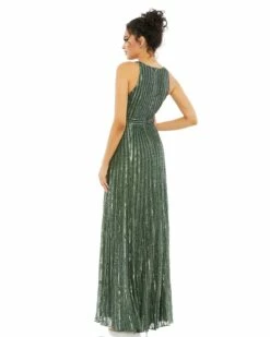 Sequined Sleeveless Plunge Neck Flowy Gown -Women's Skirt 93570 ForestGreen BK