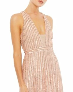 Sequined Sleeveless Plunge Neck Flowy Gown -Women's Skirt 93570 RosePink CL