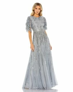 Embellished Full Length Layered Sleeve Gown -Women's Skirt 93582 SlateBlue AB
