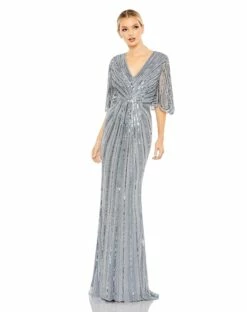 Sequined V Neck Cape Sleeve Column Gown -Women's Skirt 93583 SlateBlue AB
