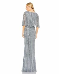 Sequined V Neck Cape Sleeve Column Gown -Women's Skirt 93583 SlateBlue BK