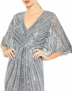 Sequined V Neck Cape Sleeve Column Gown -Women's Skirt 93583 SlateBlue CL