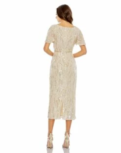 Sequined V Neck Flutter Sleeve Tea Length Dress -Women's Skirt 93591 Oyster BK