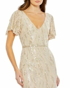 Sequined V Neck Flutter Sleeve Tea Length Dress -Women's Skirt 93591 Oyster CL