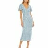 Sequined V Neck Flutter Sleeve Tea Length Dress -Women's Skirt 93591 PowderBlue AB