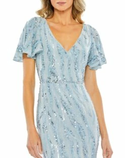 Sequined V Neck Flutter Sleeve Tea Length Dress -Women's Skirt 93591 PowderBlue CL
