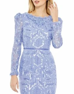Embellished High Neck Puff Sleeve Fitted Dress 10 Embellished High Neck Puff Sleeve Fitted Dress -Women's Skirt 93595 Periwinkle CL