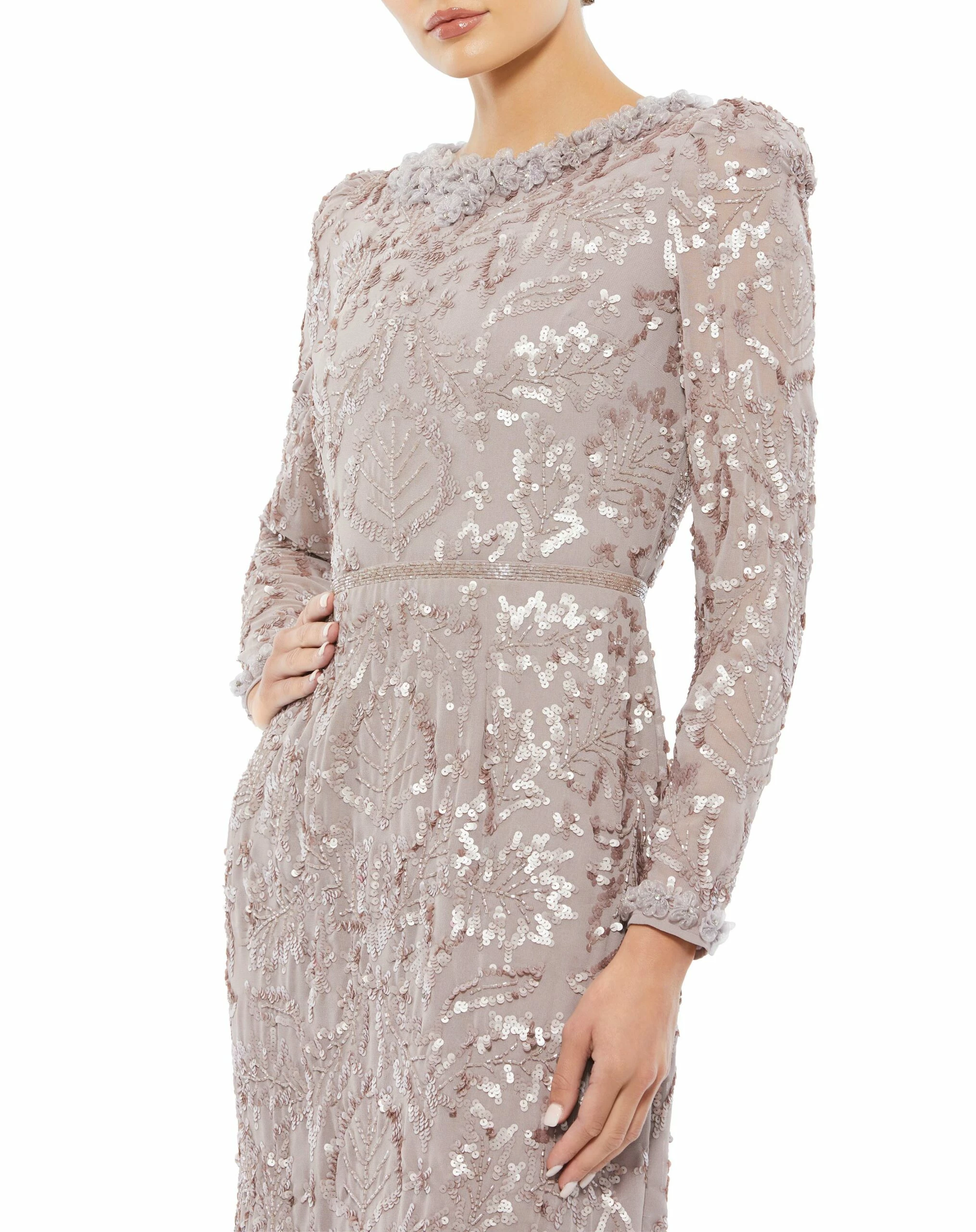 Embellished High Neck Puff Sleeve Fitted Dress 8 Embellished High Neck Puff Sleeve Fitted Dress - Image 6