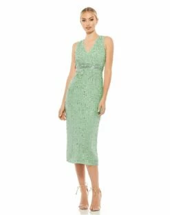 Sequined Sleeveless V-Neck Midi Sheath Dress -Women's Skirt 93606 Sage AB