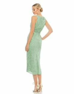 Sequined Sleeveless V-Neck Midi Sheath Dress -Women's Skirt 93606 Sage BK