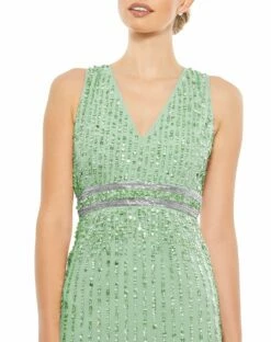 Sequined Sleeveless V-Neck Midi Sheath Dress -Women's Skirt 93606 Sage CL
