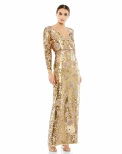 Embellished Wrap Over Long Sleeve Column Gown