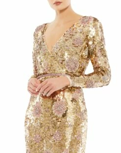 Embellished Wrap Over Long Sleeve Column Gown 7 Embellished Wrap Over Long Sleeve Column Gown -Women's Skirt 93615 Gold CL