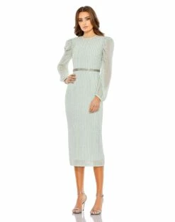Long Sleeve Puff Sleeve Beaded Midi Dress -Women's Skirt 93622 Mint AB