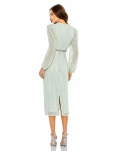 Long Sleeve Puff Sleeve Beaded Midi Dress -Women's Skirt 93622 Mint BK